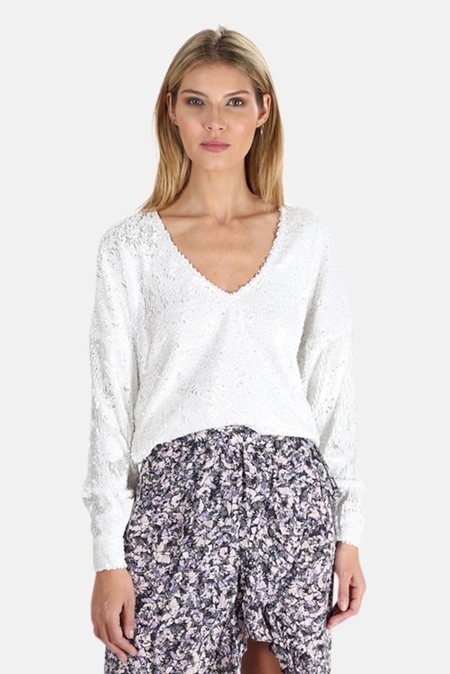 IRO Around Embellished Sequin Oversized V-Neck Dolman Sleeve Blouse White 34